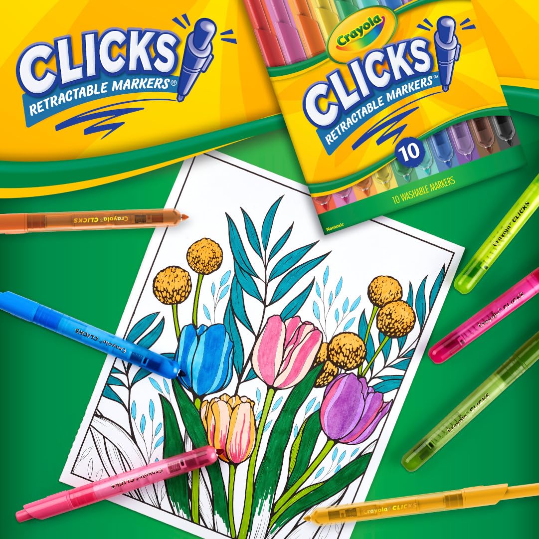 Crayola Clicks Retractable Tip Markers (10ct), Washable Art Marker Set, Coloring Markers for Kids, Back to School Supplies, 3+