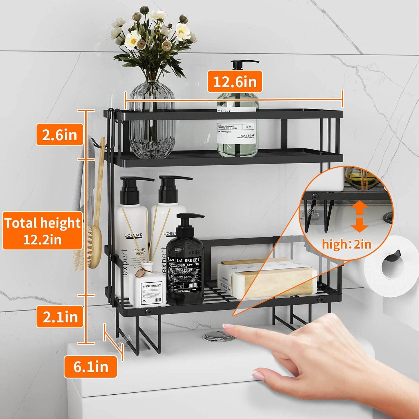 Godboat Bathroom Organizers and Storage, 2-Tier Over Toilet Storage, Bathroom Storage with 2 Hooks & Toilet Paper Holder, Wall Mounted Floating Shelves Furniture, Gifts for Women, Mothers Day (Black)