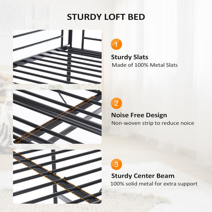 VINGLI Loft Bed Full Size with Flat Rungs for Adults, Kids and Young Teens, No Box Spring Required,Heavy Duty Metal Slat Support