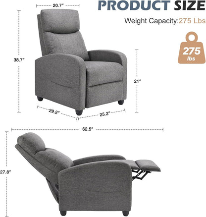 Sweetcrispy Recliner Chair for Adults, Massage Fabric Small Recliner Home Theater Seating with Lumbar Support, Adjustable Modern Reclining Chair with Padded Seat Backrest for Living Room (Grey)