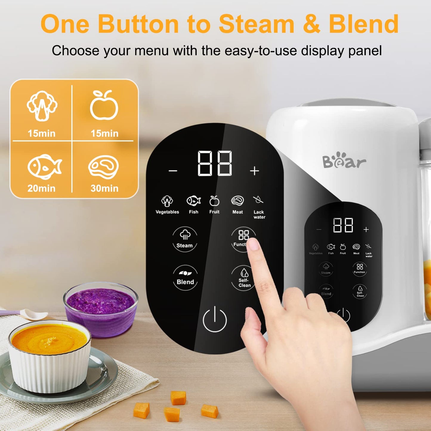 BEAR 2024 Baby Food Maker | One Step Baby Food Processor Steamer Puree Blender | Auto Cooking & Grinding | Baby Food Puree Maker with Self Cleans | Touch Screen Control, White