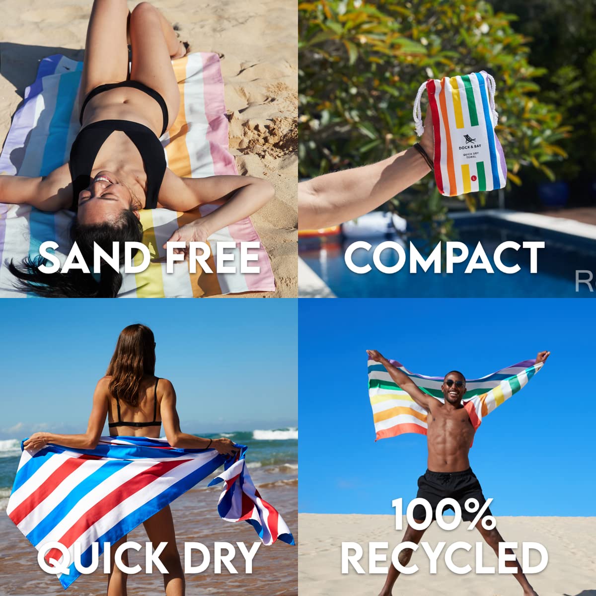 Dock & Bay Beach Towel - Quick Dry, Sand Free - Compact, Lightweight - 100% Recycled - includes Bag - Cabana - Bondi Blue - Extra Large (200x90cm, 78x35)