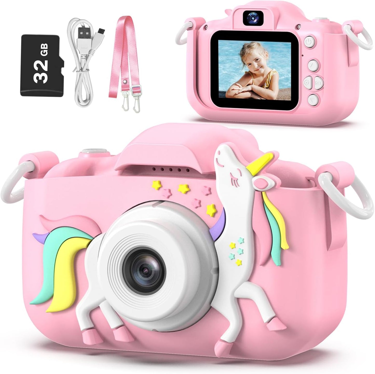 Goopow Kids Camera Toys for 3-8 Year Old Girls Boys,Children Digital Video Camcorder Camera with Cartoon Soft Cover, Best Chritmas Birthday Festival Gift for Kids - 32G SD Card Included (Pink-DJS)