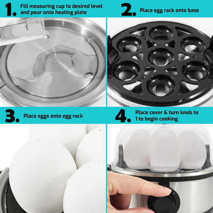 Elite Gourmet EGC-007## Rapid Egg Cooker, 7 Easy-To-Peel, Hard, Medium, Soft Boiled Eggs, Poacher, Omelet Maker, Auto Shut-Off, Alarm, 16-Recipe Booklet, BPA-Free, White