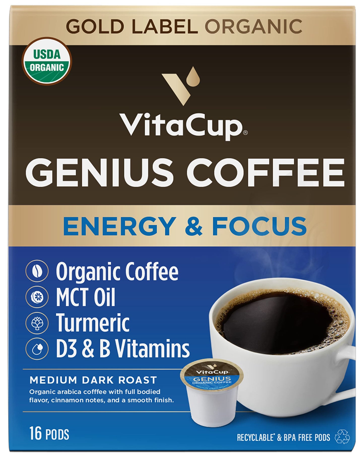 VitaCup Mushroom Coffee Pods - Boost Focus & Immunity with Lions Mane, Chaga, Vitamins, for Memory & Clarity, Recyclable K-Cup Pods, 16 Ct