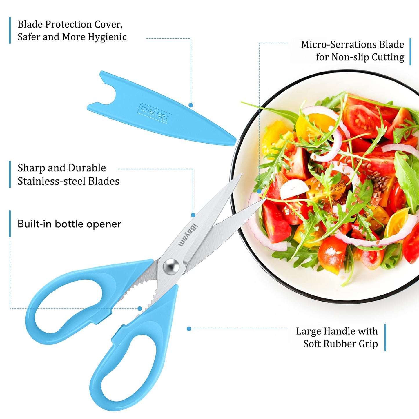 Kitchen Shears, iBayam Kitchen Scissors All Purpose Heavy Duty Meat Scissors Poultry Shears, Dishwasher Safe Food Cooking Scissors Stainless Steel Utility Scissors, 2-Pack, Black, Aqua Sky