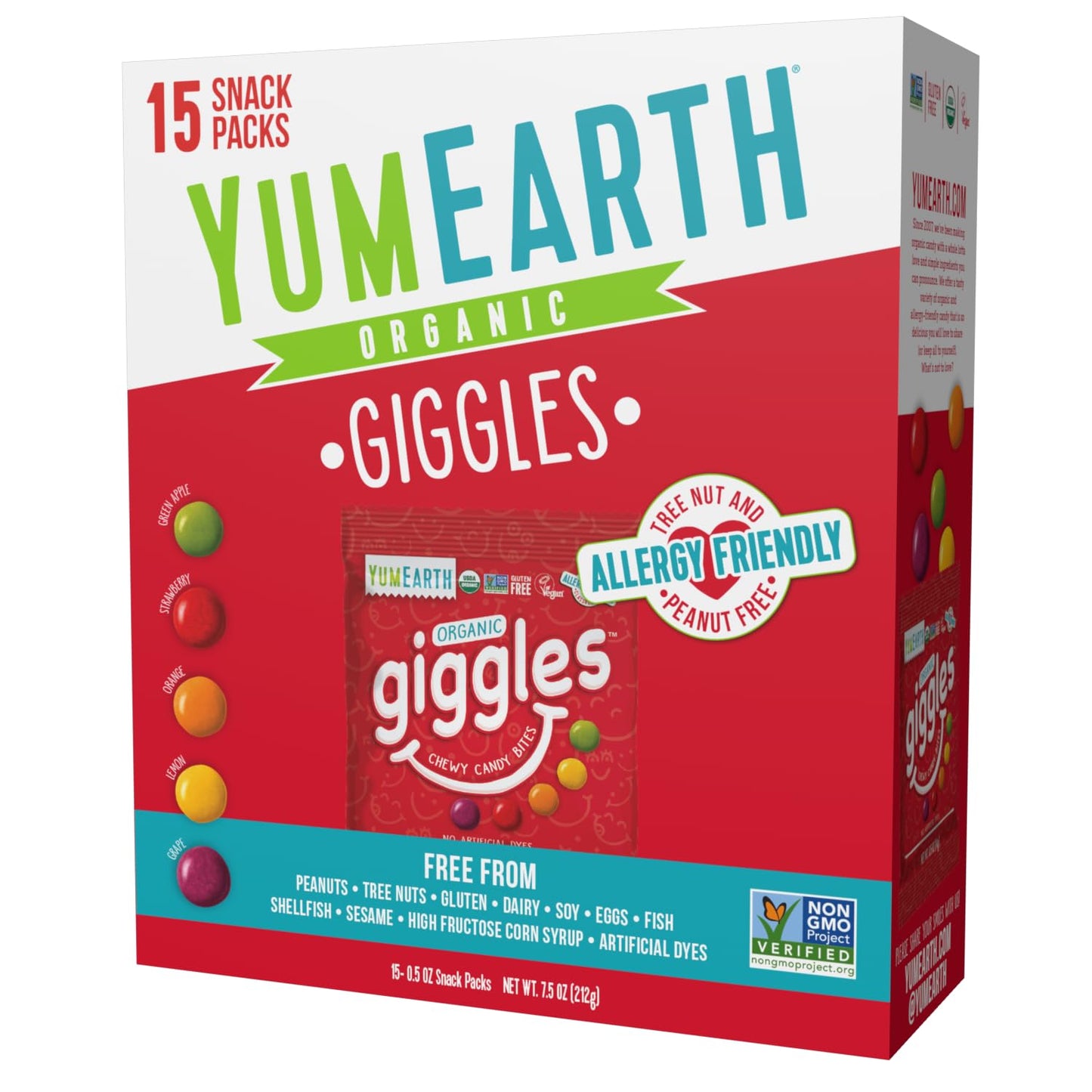 YumEarth Organic Giggles Chewy Candy - Allergy Friendly (Top 9 Free), No Artificial Dyes or Flavors, Non GMO, Gluten Free, Vegan - Individually Wrapped Fruity Snack Packs - 0.5 Ounce (Pack of 15)