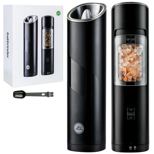 Gravity Electric Salt and Pepper Grinder Set, Adjustable Coarseness, Warm LED Light, One-handed Automatic Operation, Battery Powered, Black, Electric Pepper Mills