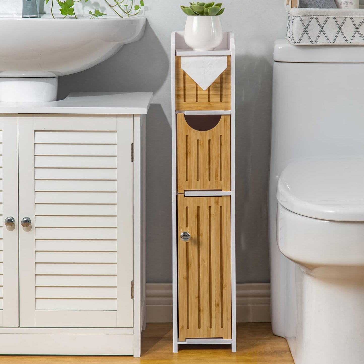 AOJEZOR Bathroom Storage Cabinet: Small Bathroom Storage Cabinet for Small Space - Toilet Paper Cabinet Fit for Small Roll - White