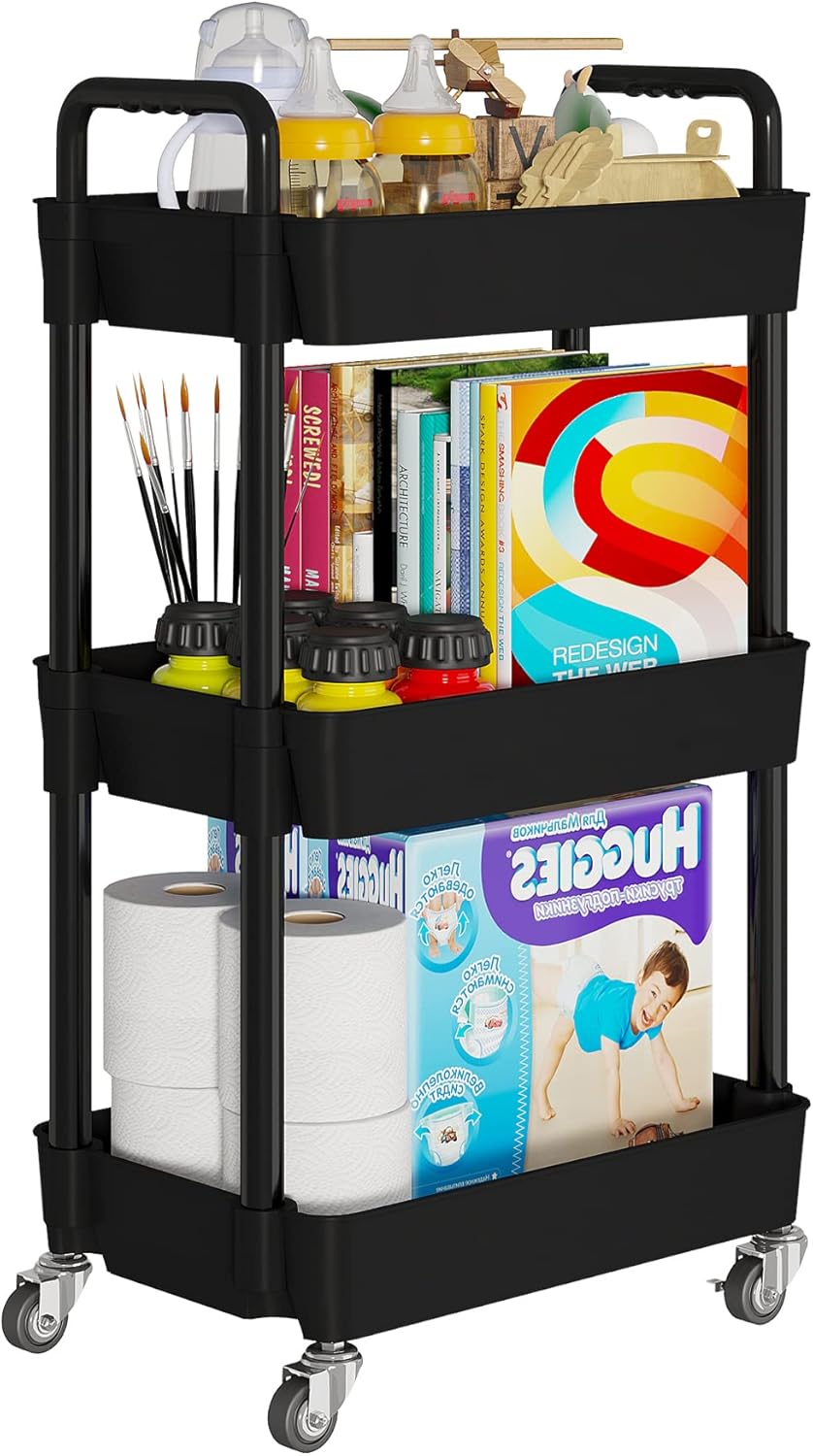 Laiensia 3-Tier Kitchen Storage Cart,Multifunction Utility Rolling Storage Organizer,Mobile Shelving Unit Cart with Lockable Wheels for Bathroom,Laundry,Living Room,With Classified Stickers,Black