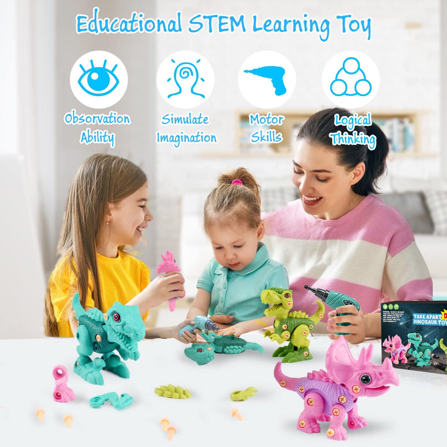 FREE TO FLY Kids Toys Stem Dinosaur Toy: Take Apart Toys for kids 3-5 Learning Educational Building Sets with Electric Drill Birthday Gifts for Toddlers Boys Girls Age 3 4 5 6 7 8 Year Old