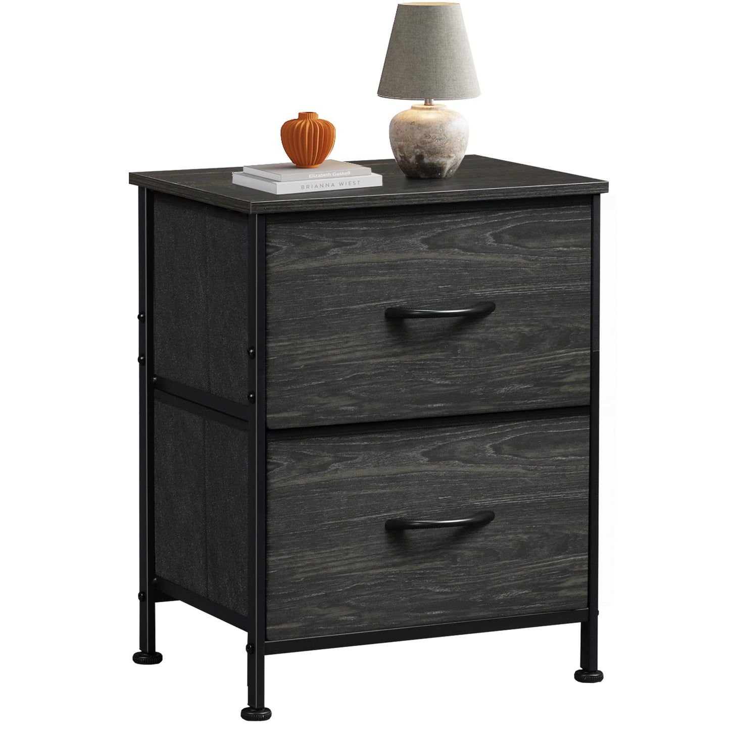 WLIVE Black Nightstand, Small Dresser for Bedroom with 2 Fabric Drawer, Bed Side Table with Drawers, End Table Bedside Furniture, Sturdy Steel Frame, Wood Top, Closet Organizer, College Dorm