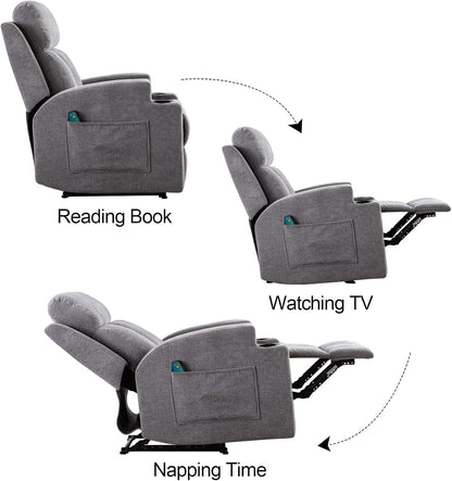 ANJ Home Manual Massage Recliner Chairs with Heat for Living Room, Overstuffed Breathable Fabric Reclining Chair with Side Pockets and Cup Holders, Single Sofa Home Theater Seating, Grey