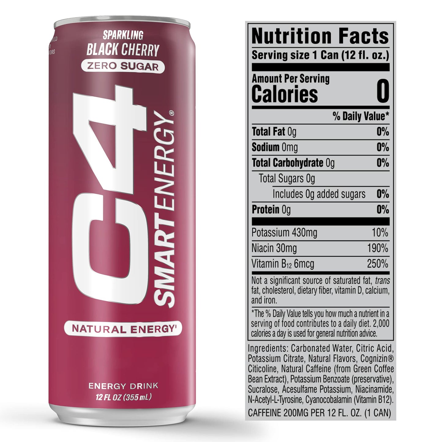 C4 Smart Energy Drink – Boost Focus and Energy with Zero Sugar, Natural Energy, and Nootropics - 200mg Caffeine - Cherry Berry Lime (12oz Pack of 12)