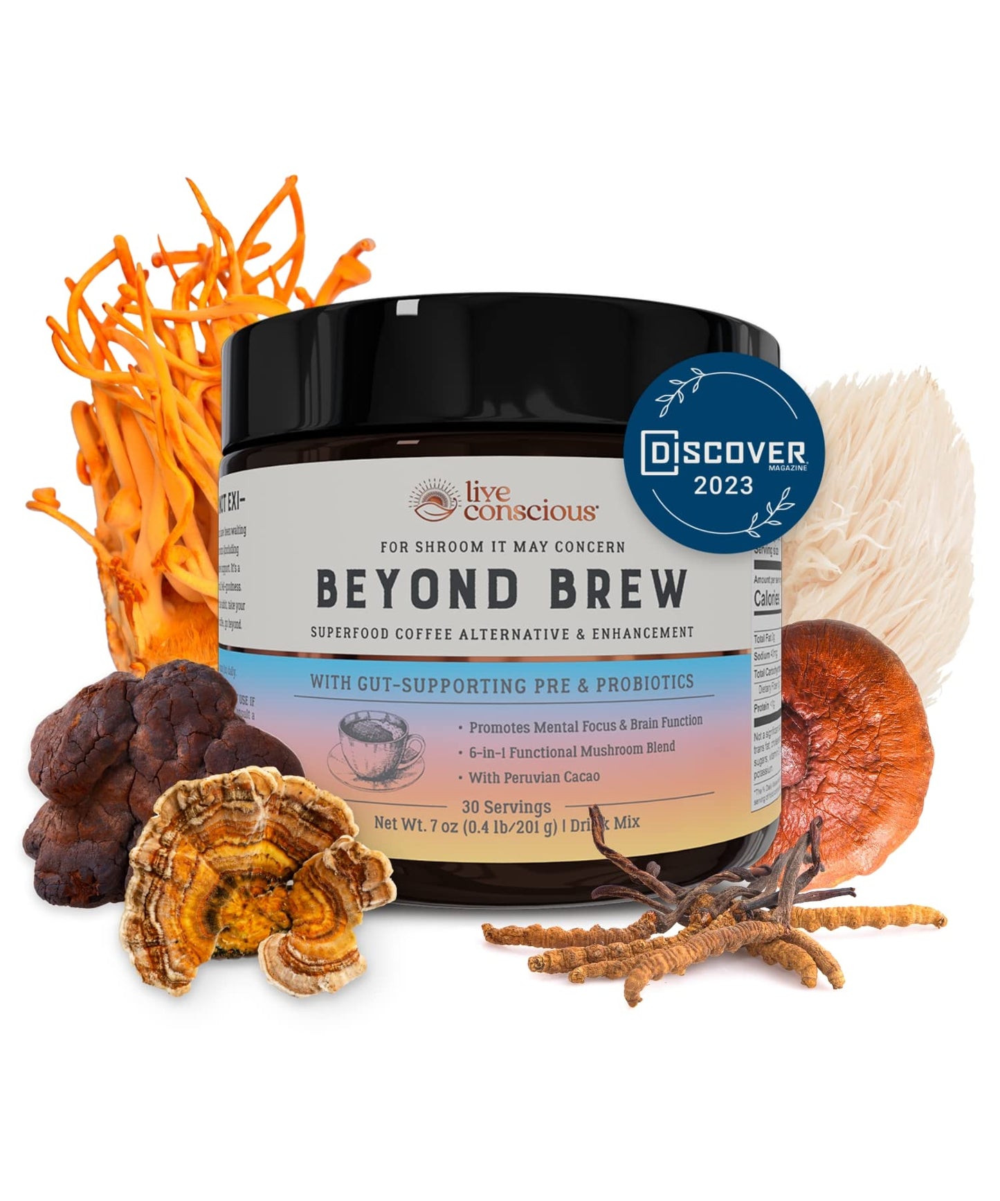 Beyond Brew Mushroom Superfood Coffee | Mushroom Coffee Alternative Low Caffeine | Healthy Coffee Substitute | W/ Prebiotics & Probiotics | By Live Conscious | 30 Servings