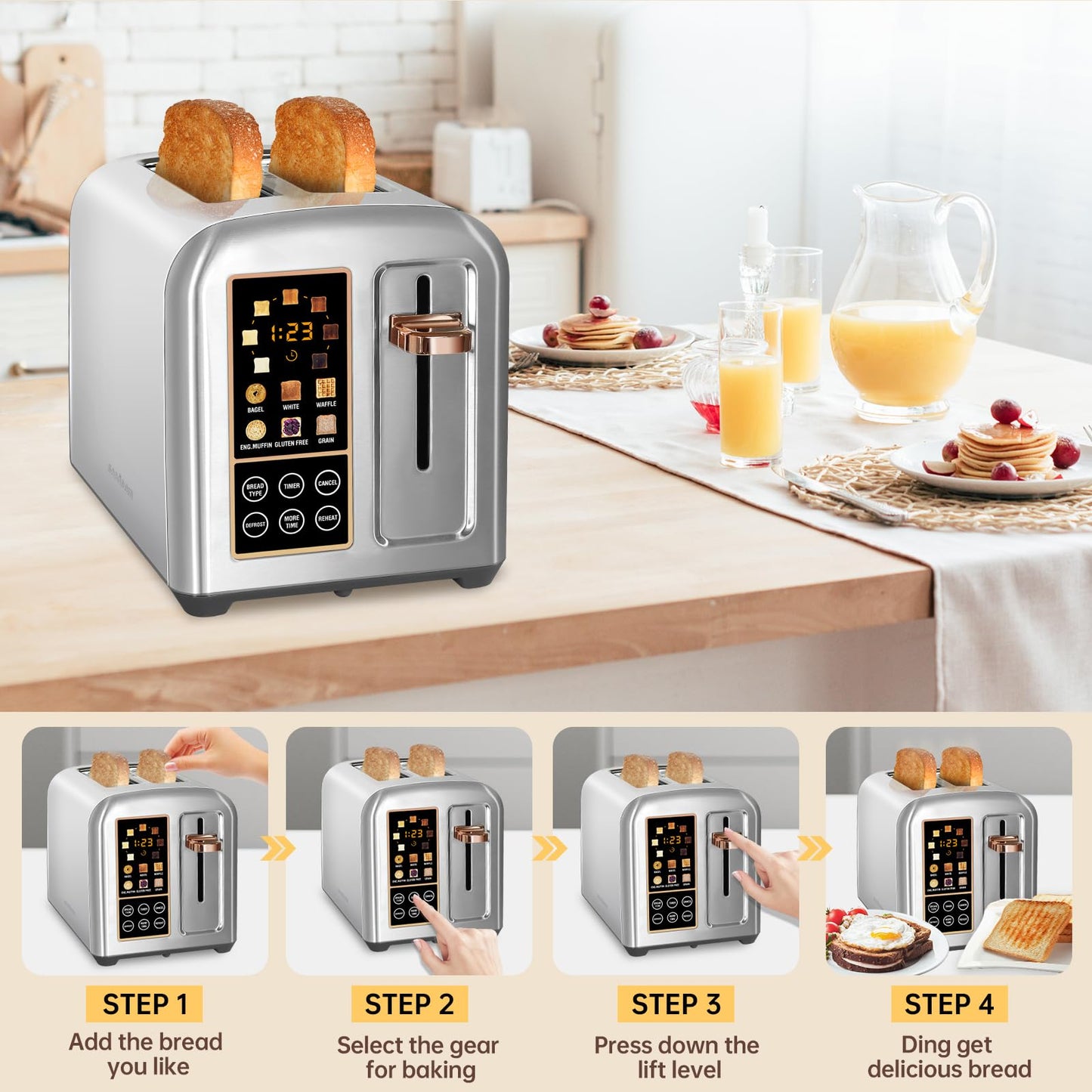 SEEDEEM Toaster 2 Slice, Stainless Toaster LCD Display&Touch Buttons, 50% Faster Heating Speed, 6 Bread Selection, 7 Shade Setting, 1.5''Wide Slot, Removable Crumb Tray, 1350W, Dark Metallic