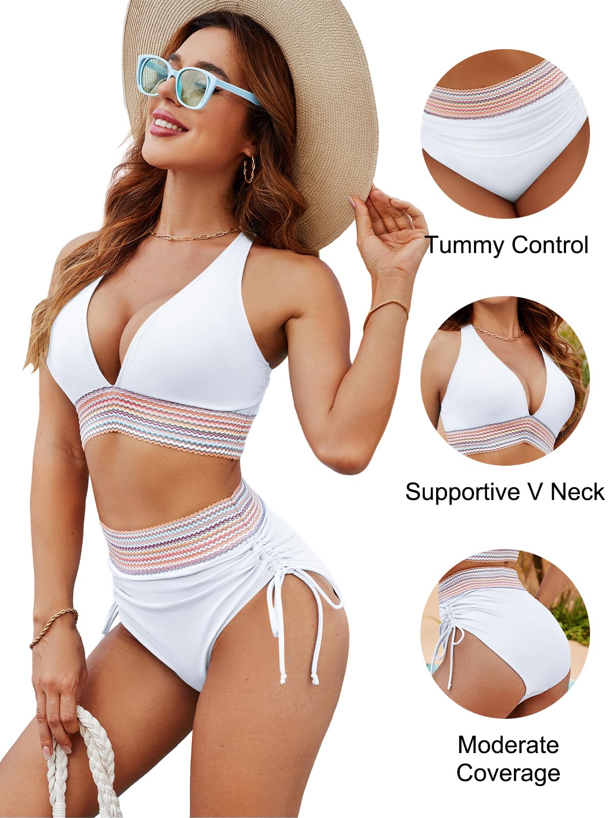 Blooming Jelly Women High Waisted Bikini Sets Tummy Control Swimsuits Color Block Two Piece Drawstring Bathing Suit