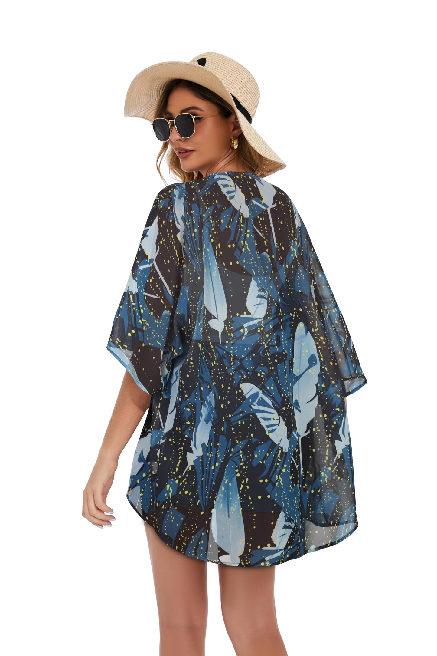 Women's Floral Print Puff Sleeve Kimono Cardigan Loose Cover Up Casual Blouse Tops