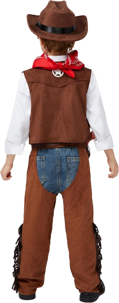 Spooktacular Creations Halloween Cowboy Costume for Boys, Kids Cowboy Costume Set, Brown Western Style Cowboy Outfit with Cowboy Hat for Toddler Dress-up, RolePlay Party (Small (5-7 YRS))