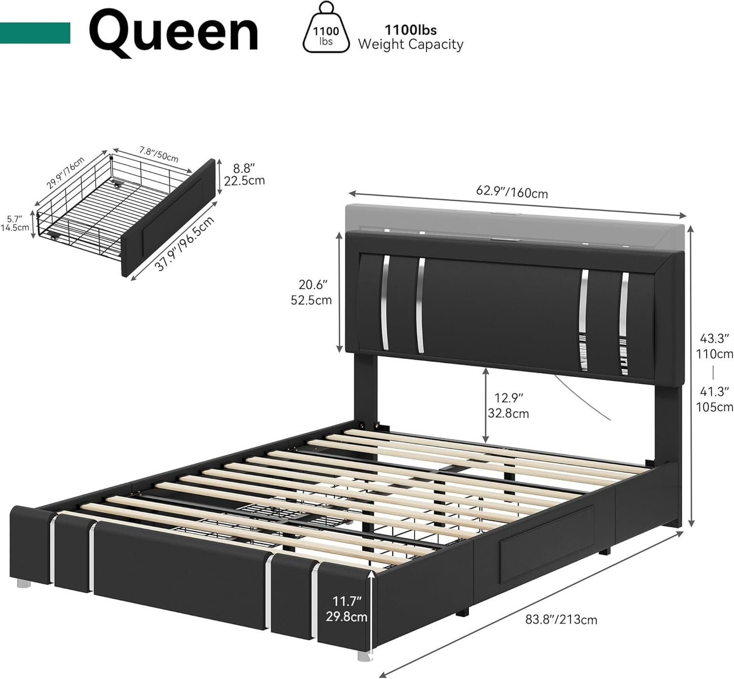 YITAHOME Queen Bed Frame with Adjustable Headboard, Upholstered Platform Bed with RGB LED Lights & 2 Storage Drawers, Glossy Silver Metal Accents, No Box Spring Needed (Black)