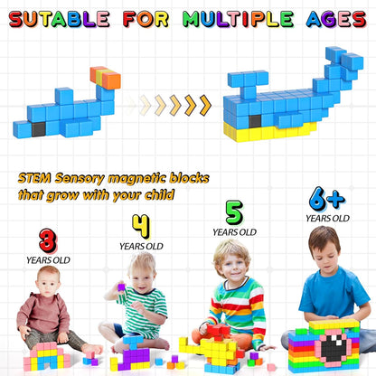 54 PCS Magnetic Blocks, Magnetic Building Blocks for Toddlers 3+, Montessori Toys, Magnetic Cubes, Preschool STEM Educational Sensory Magnet Toys for Kids Ages 3-5 Year Old Boys and Girls