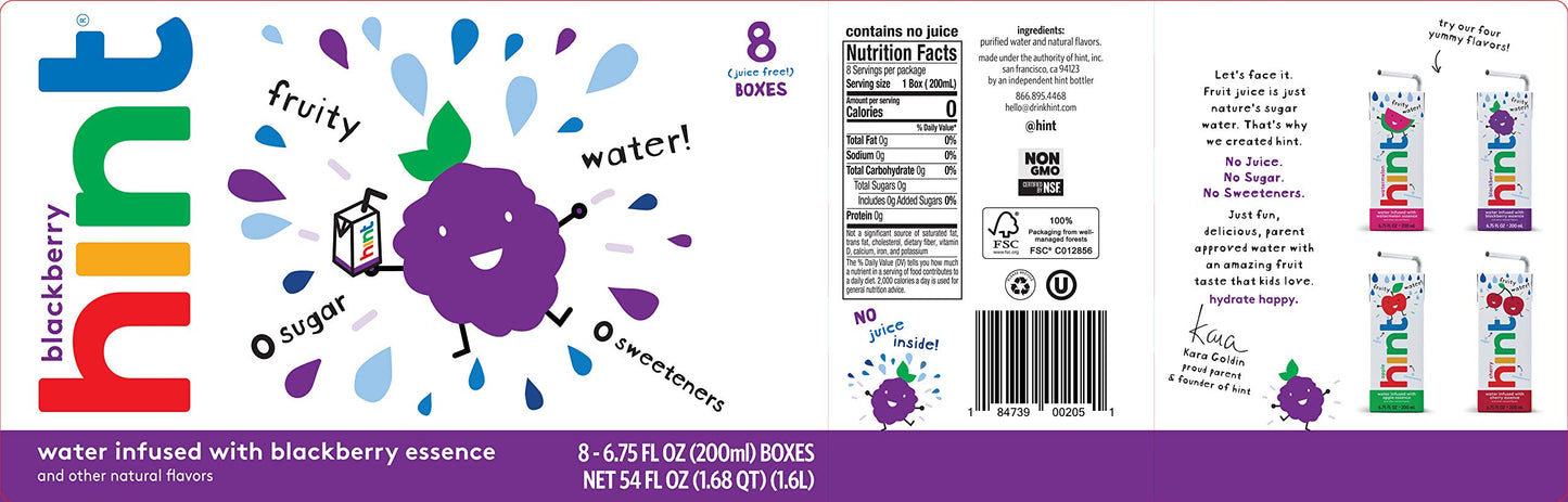 Hint Kids Water Variety, 8 Boxes, Each of: Cherry, Watermelon, Apple, & Blackberry, Zero Sugar, Zero Sweeteners, Zero Preservatives, Zero Artificial Flavors, 6.75 Fl Oz (Pack of 32)