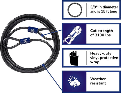 BRINKS - 15 ft x 3/8" Flexible Steel Loop Cable - Heavy Duty Vinyl Wrap for Corrosion Protection