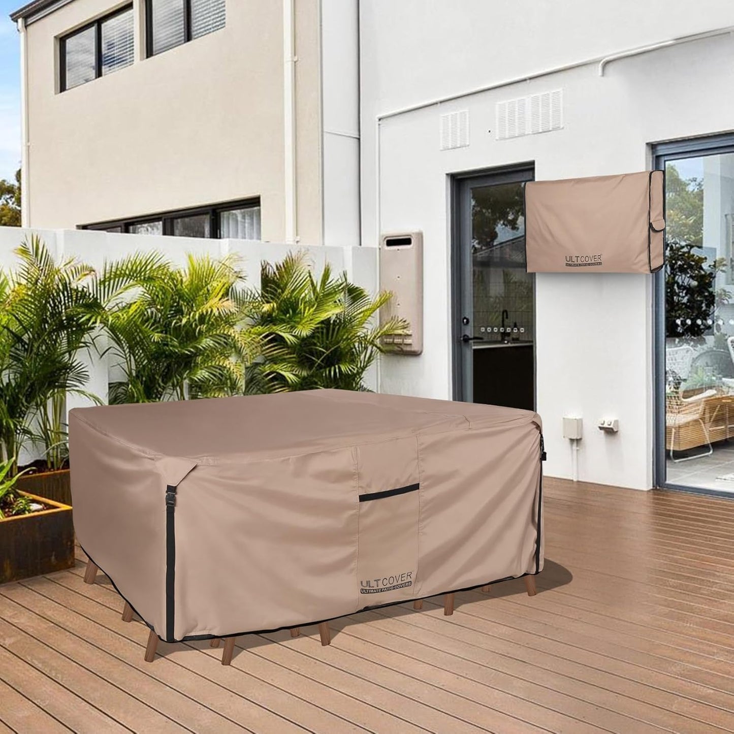 ULTCOVER Rectangular Patio Heavy Duty Table Cover - 600D Tough Canvas Waterproof Outdoor Dining Table and Chairs General Purpose Furniture Cover Size 88L x 62W x 28H inch