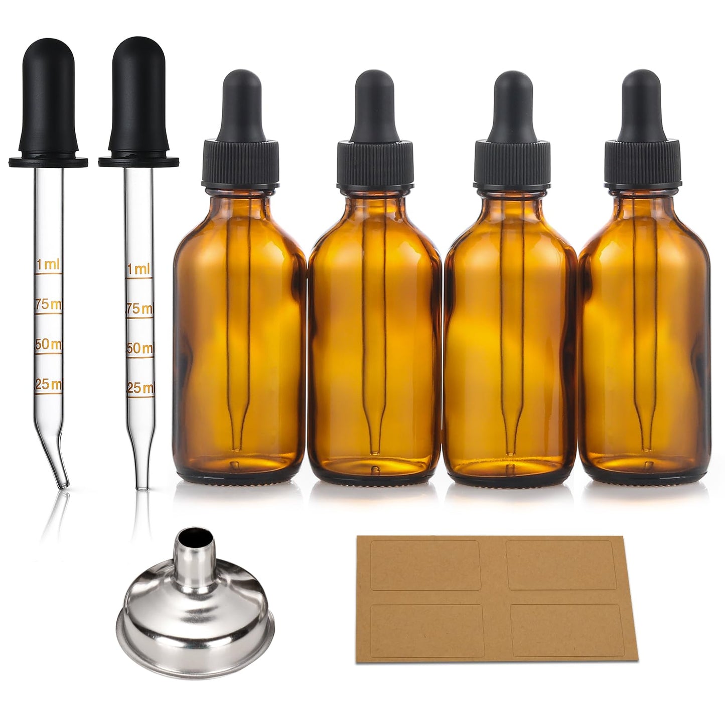 AOZITA 4 Pack, 2 oz Dropper Bottles with 1 Funnel & 4 Labels - 60ml Thick Dark Amber Glass Tincture Bottles with Eye Droppers - Leakproof Essential Oils Bottles