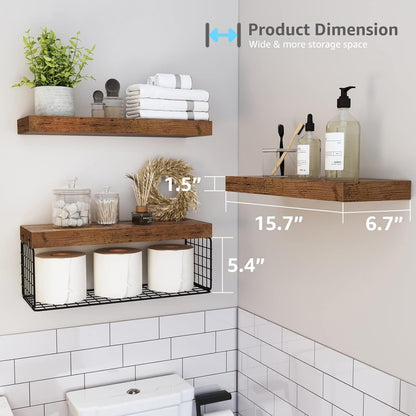 QEEIG Bathroom Shelves Over Toilet Wall Mounted Floating Shelves Farmhouse Shelf Toilet Paper Storage Small 16 inch Set of 3, Rustic Brown (019-BN3)