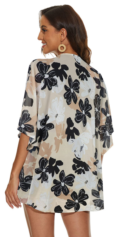 Women's Floral Print Puff Sleeve Kimono Cardigan Loose Cover Up Casual Blouse Tops