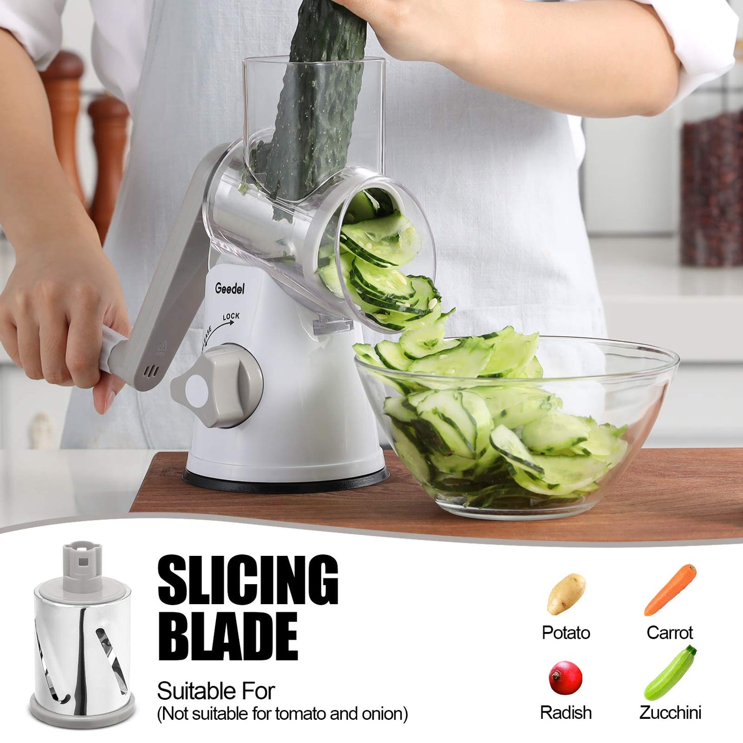 Geedel Rotary Cheese Grater, Kitchen Mandoline Vegetable Slicer with 3 Interchangeable Blades, Easy to Clean Grater for Fruit, Vegetables, Nuts