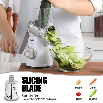 Geedel Rotary Cheese Grater, Kitchen Mandoline Vegetable Slicer with 3 Interchangeable Blades, Easy to Clean Grater for Fruit, Vegetables, Nuts