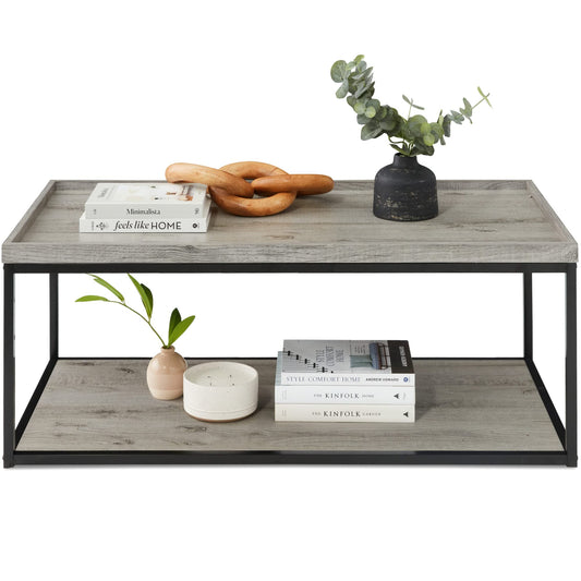 Best Choice Products 44in 2-Tier Rectangular Tray Top Coffee Table, Recessed Accent Furniture for Home w/Metal Frame, Shelf - Gray