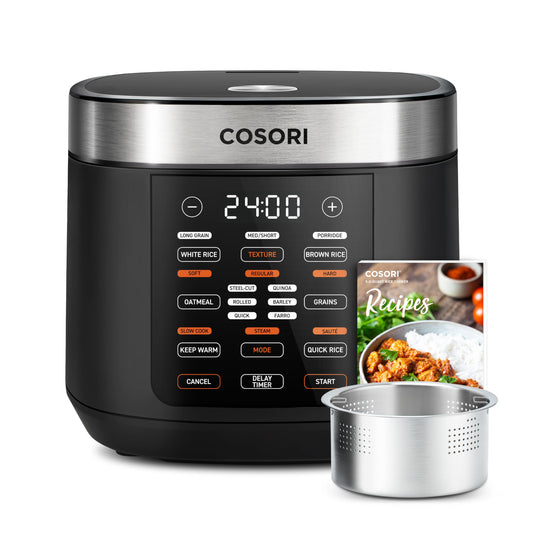 COSORI Rice Cooker 10 Cup, 24h Keep Warm, 18 Functions Fuzzy Logic Rice Maker with Stainless Steel Steamer Basket, Sauté, Slow Cooker, Black