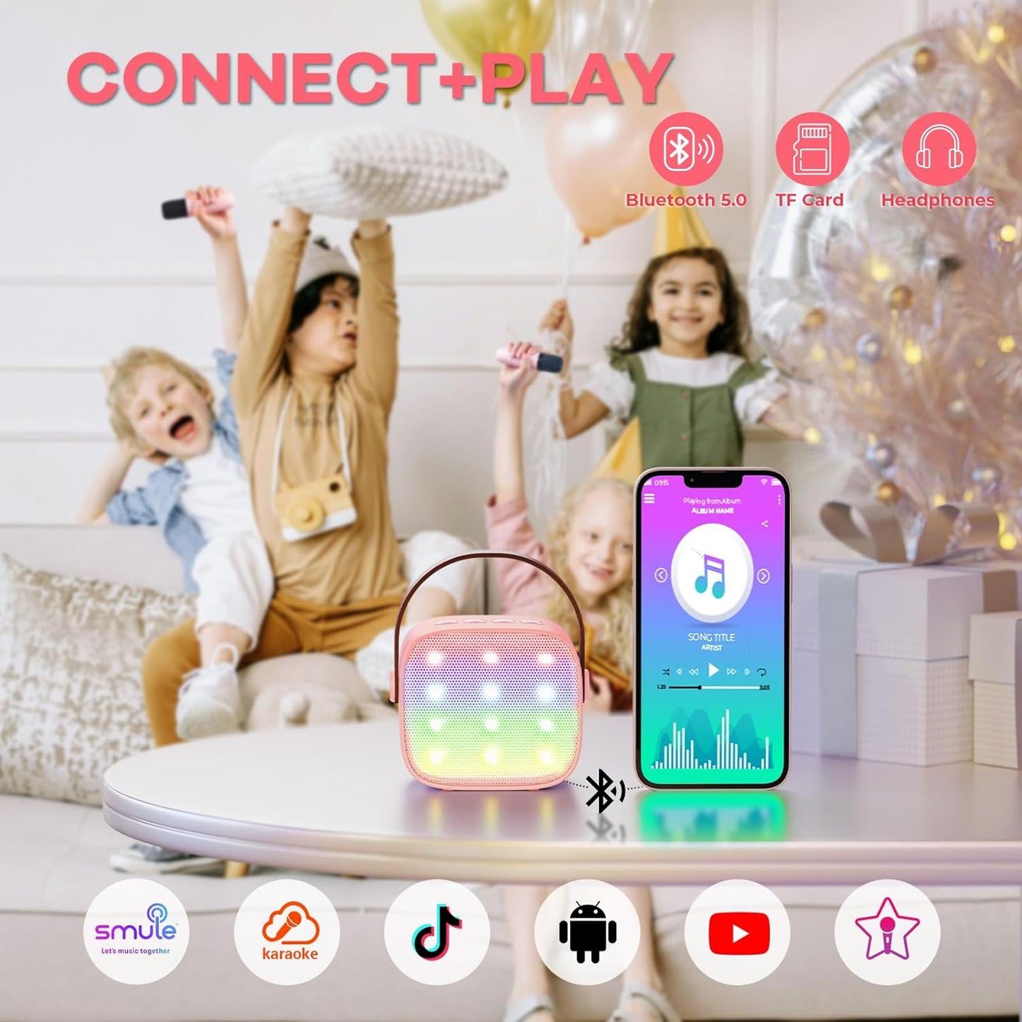 YLL Mini Karaoke Machine for Kids Adults, Portable Bluetooth Speaker with 2 Wireless Microphones, Christmas Birthday Gifts Toys for Girls Ages 4, 5, 6,7, 8,9,10,11,12+ Years Old Toddler (Lightpink)