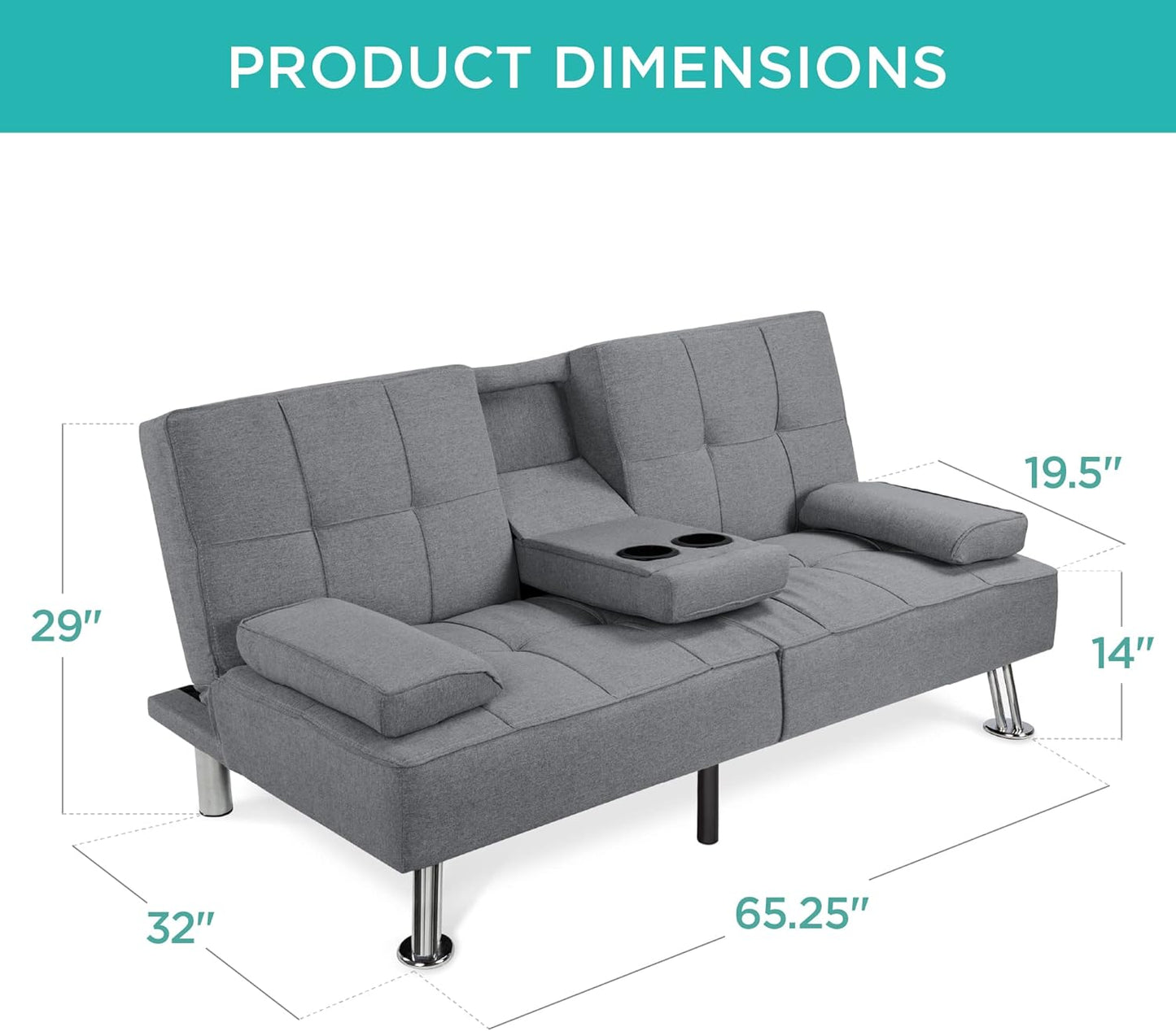 Best Choice Products Linen Modern Folding Futon, Reclining Sofa Bed for Apartment, Dorm w/Removable Armrests, 2 Cupholders - Gray