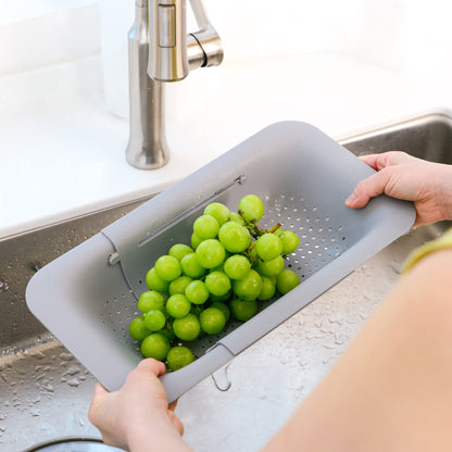 BLUE GINKGO Over the Sink Colander Strainer Basket - Wash Vegetables and Fruits, Drain Cooked Pasta and Dry Dishes - Extendable - New Home Kitchen Essentials (7.9 W x 14.5-19.5 L x 2.75 H) (Pink)