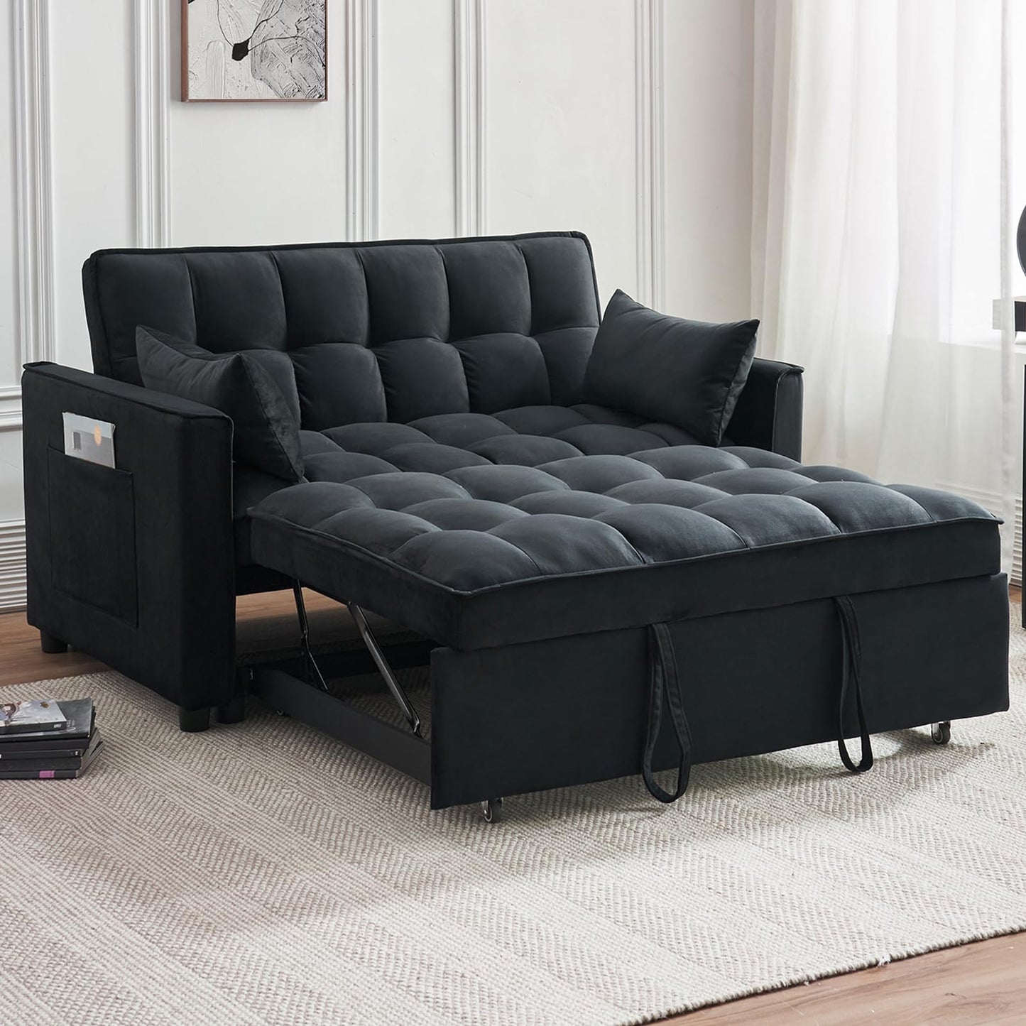 Sleeper Sofa Bed, 3-in-1 Velvet Pull Out Couch with Armrests, Storage Pockets and 2 Pillows, Adjustable Backrest, Sofa Bed Couch for Living Room, Bedroom(Black)