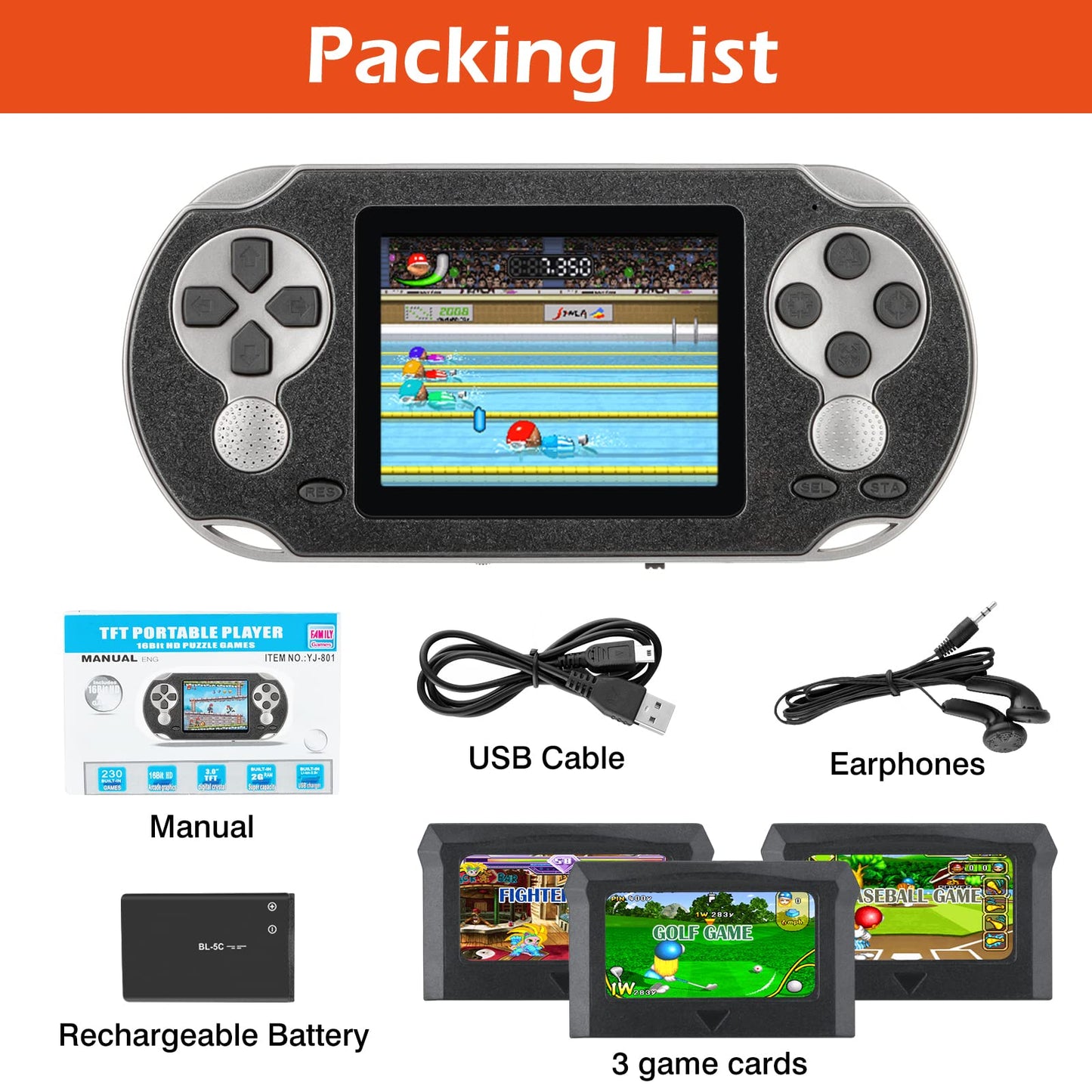 16 Bit Handheld Game Console for Kids Adults, 3.0'' Large Screen Preloaded 230 HD Classic Retro Video Games with USB Rechargeable Battery & 3 Game Cartridges for Birthday Gift for Kids 4-12