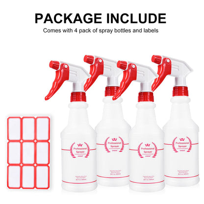 Plastic Spray Bottle (4 Pack, 24 Oz, All-Purpose) Heavy Duty Spraying Bottles Leak Proof Mist Empty Water Bottle for Cleaning Solution Planting Pet with Adjustable Nozzle and Measurements