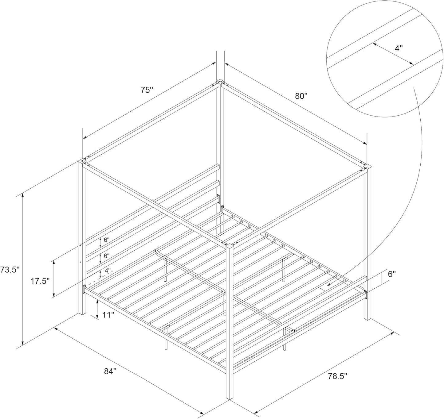 DHP King Metal Canopy Bed, Modern Design with Built-In Headboard, Sturdy Frame, No Box Spring Needed, Gunmetal Gray