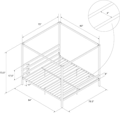 DHP King Metal Canopy Bed, Modern Design with Built-In Headboard, Sturdy Frame, No Box Spring Needed, Gunmetal Gray