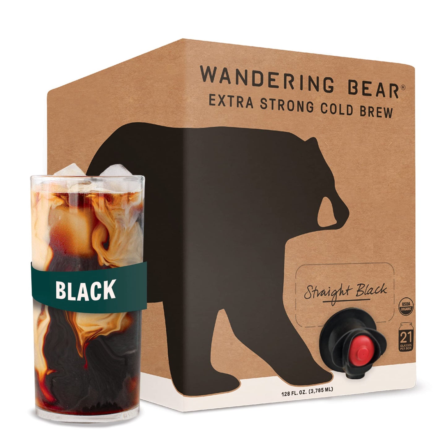 Wandering Bear Straight Black Organic Cold Brew Coffee On Tap, 96 fl oz - Extra Strong, Smooth, Unsweetened, Shelf-Stable, and Ready to Drink Iced Coffee, Cold Brewed Coffee, Cold Coffee