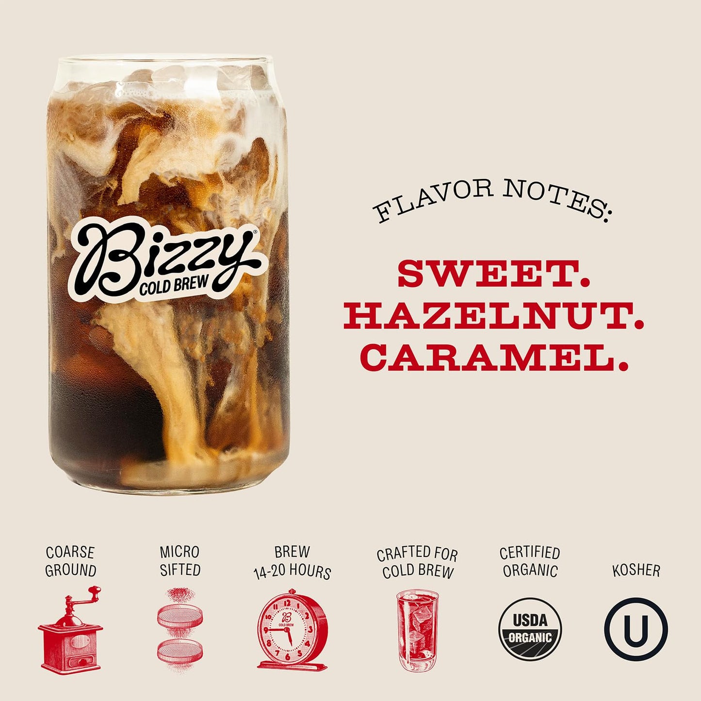 Bizzy Organic Cold Brew Coffee | Smooth & Sweet Blend | Coarse Ground Coffee | Micro Sifted | Specialty Grade | 100% Arabica | 1 LB