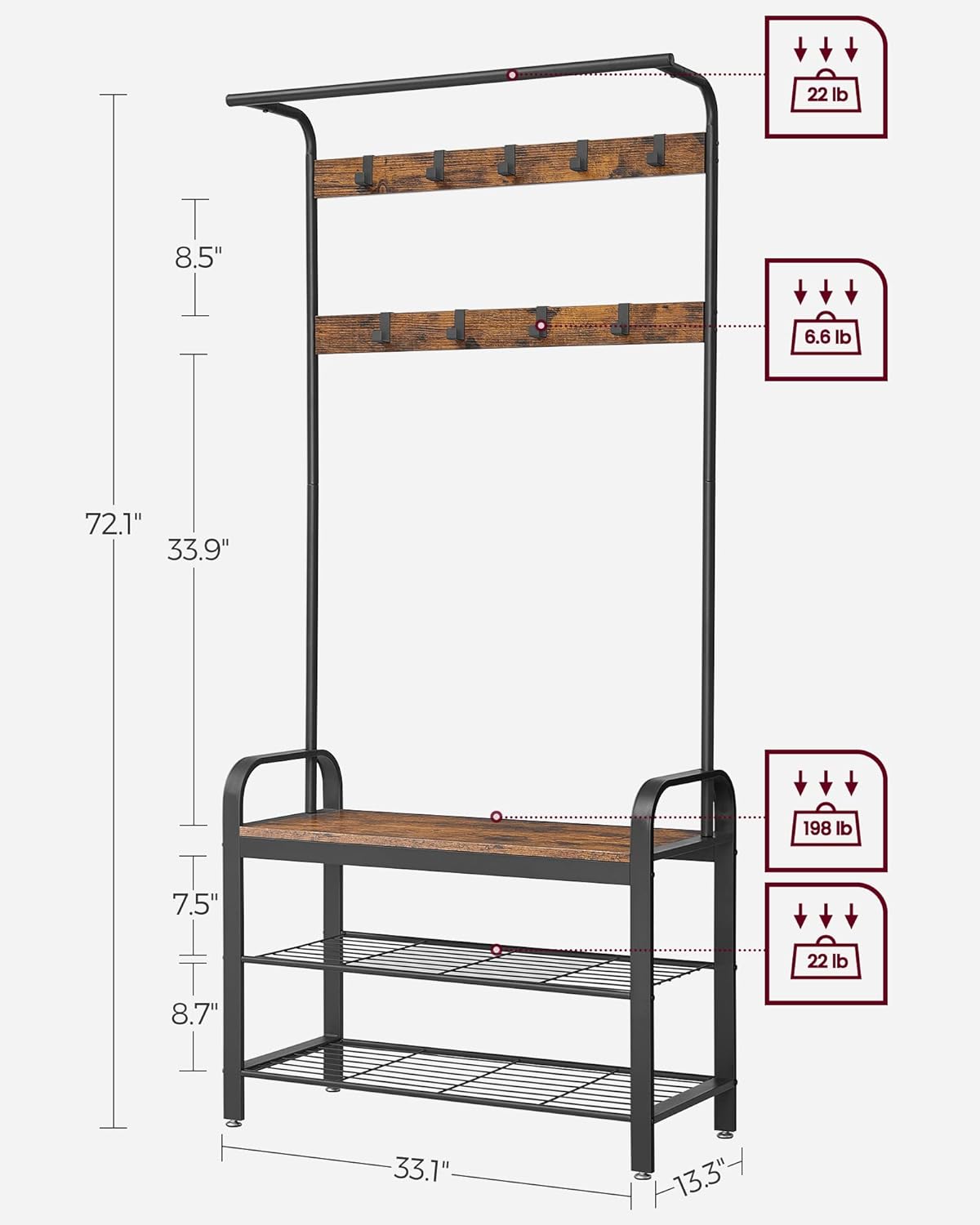 VASAGLE Coat Rack, Hall Tree with Shoe Bench for Entryway, Entryway Bench with Coat Rack, 4-in-1, with 9 Removable Hooks, a Hanging Rod, 13.3 x 33.1 x 72.1 Inches, Rustic Brown and Black UHSR400B01