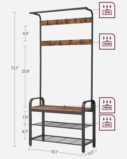 VASAGLE Coat Rack, Hall Tree with Shoe Bench for Entryway, Entryway Bench with Coat Rack, 4-in-1, with 9 Removable Hooks, a Hanging Rod, 13.3 x 28.3 x 72.1 Inches, Honey Brown and Black UHSR040B05