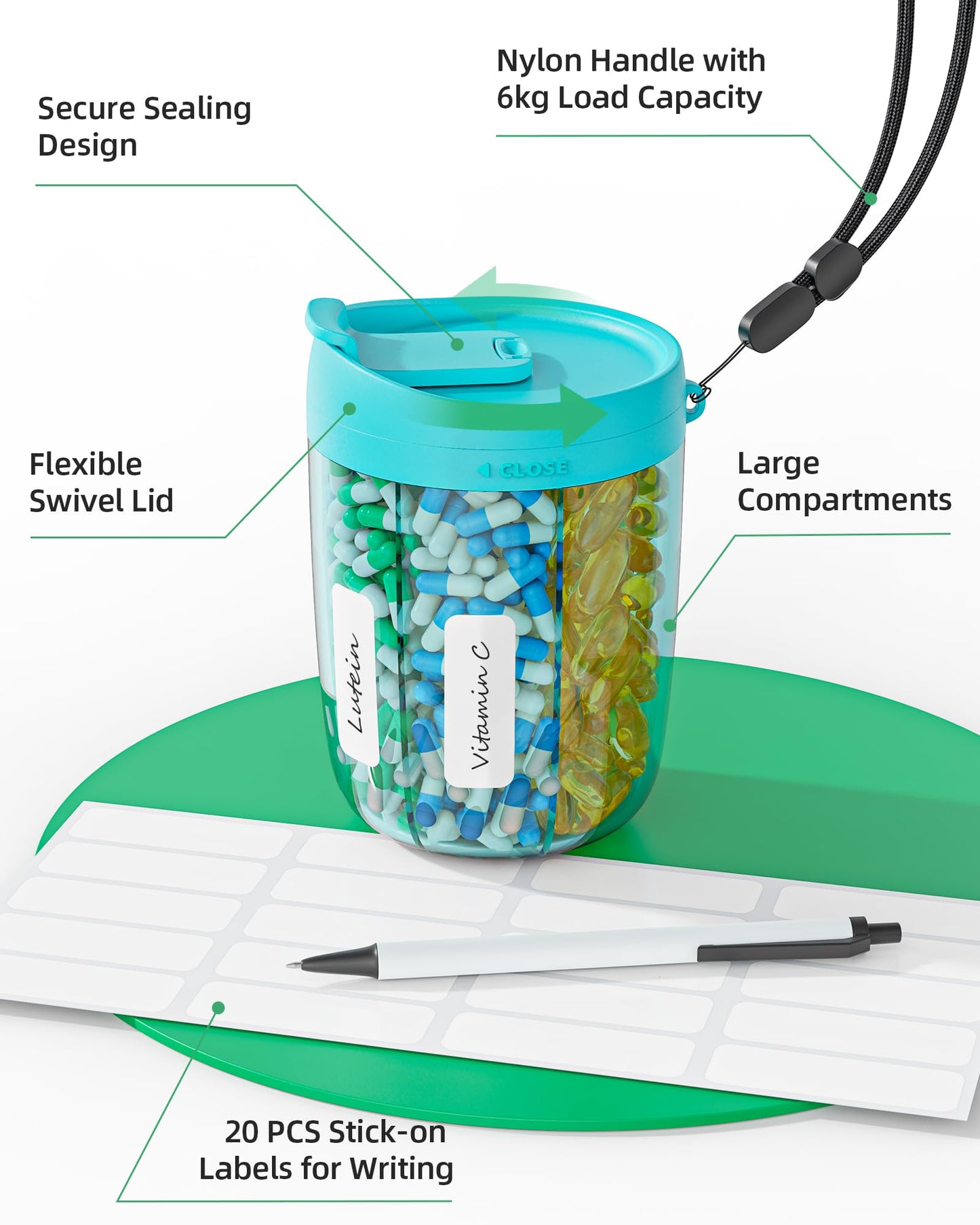 PULIV Large Supplement Organizer Bottle, Holds Plenty of Vitamins in 1 Monthly Pill Dispenser with Anti-Mixing & Wide Openings Design, Easy to Retrieve Meds, Includes 20 Pcs Stick-on Labels