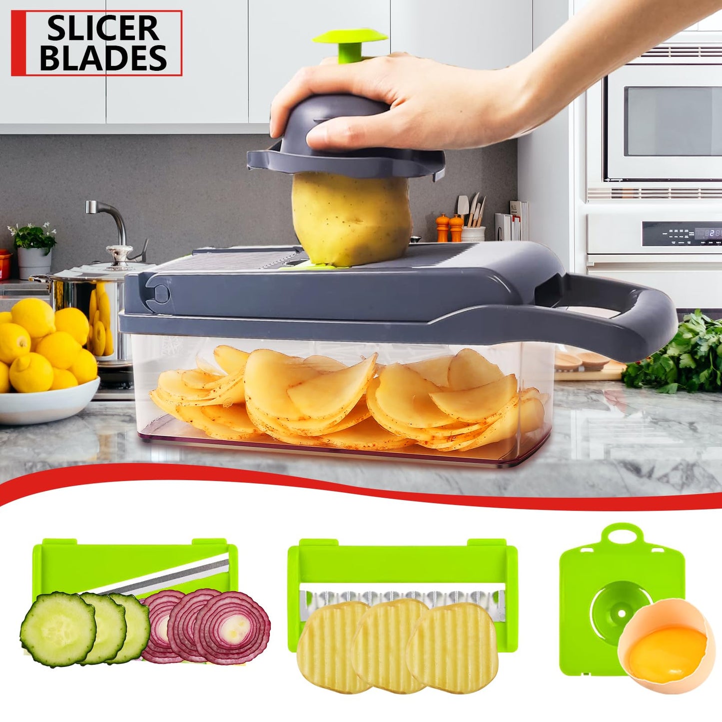 Professional All-in-1 Vegetable Chopper, Veggie Chopper, Chopper Vegetable Cutter, Onion Chopper, Food Dicer Chopper, Mandoline Slicer 9 Inserts