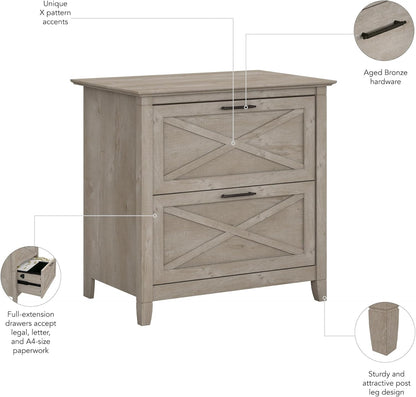 Bush Furniture Key West 2 Drawer Lateral File Cabinet in Washed Gray | Document Storage for Home Office | Accent Chest with Drawers